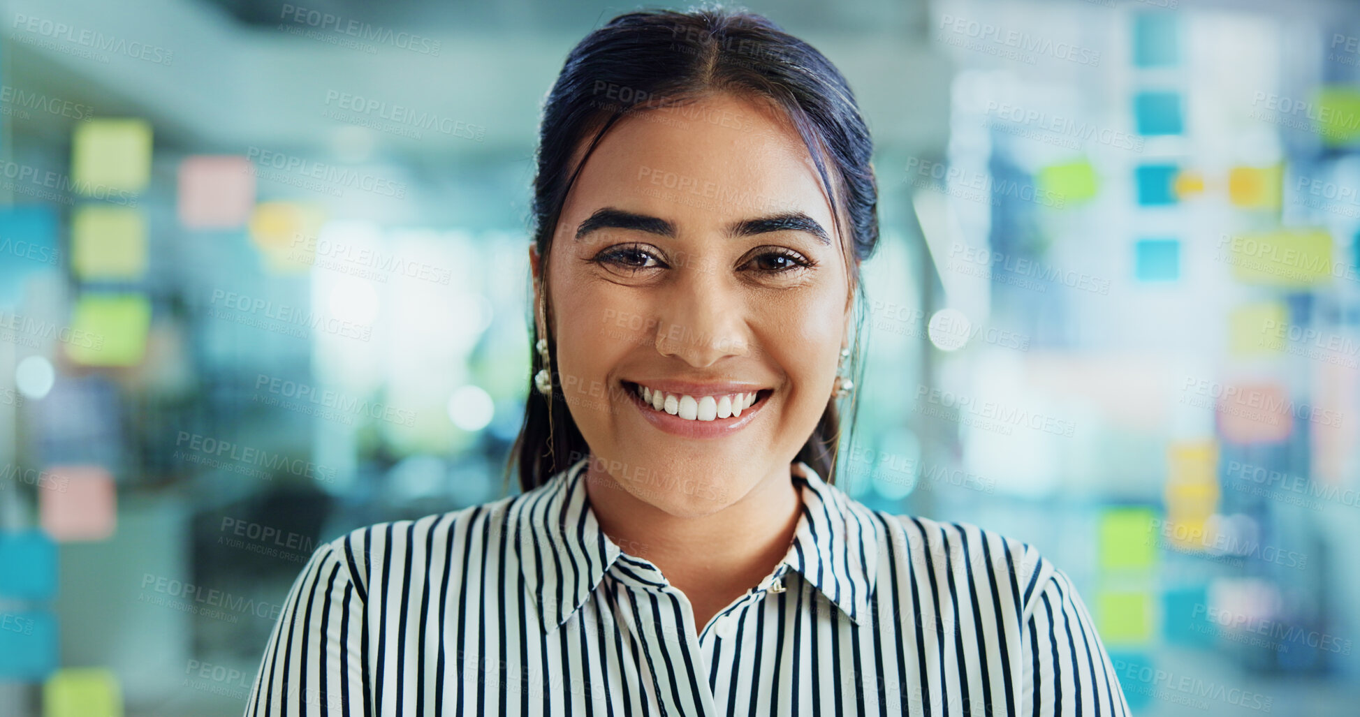 Buy stock photo Woman, happy or glass wall in office with portrait, planning or problem solving at startup. Person, smile or solution by moodboard, window sticky note or pride for career at creative agency in Brazil