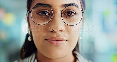 Buy stock photo Creative, office and portrait of business woman with glasses for pride, confidence and professional career. Face, media agency and closeup of person with frames for eyesight, vision and optometry