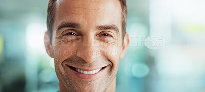Buy stock photo Creative, professional and portrait of business man with smile for editing, publishing or journalism career. Space, agency and face of person with pride, confidence and happy for writer job in office