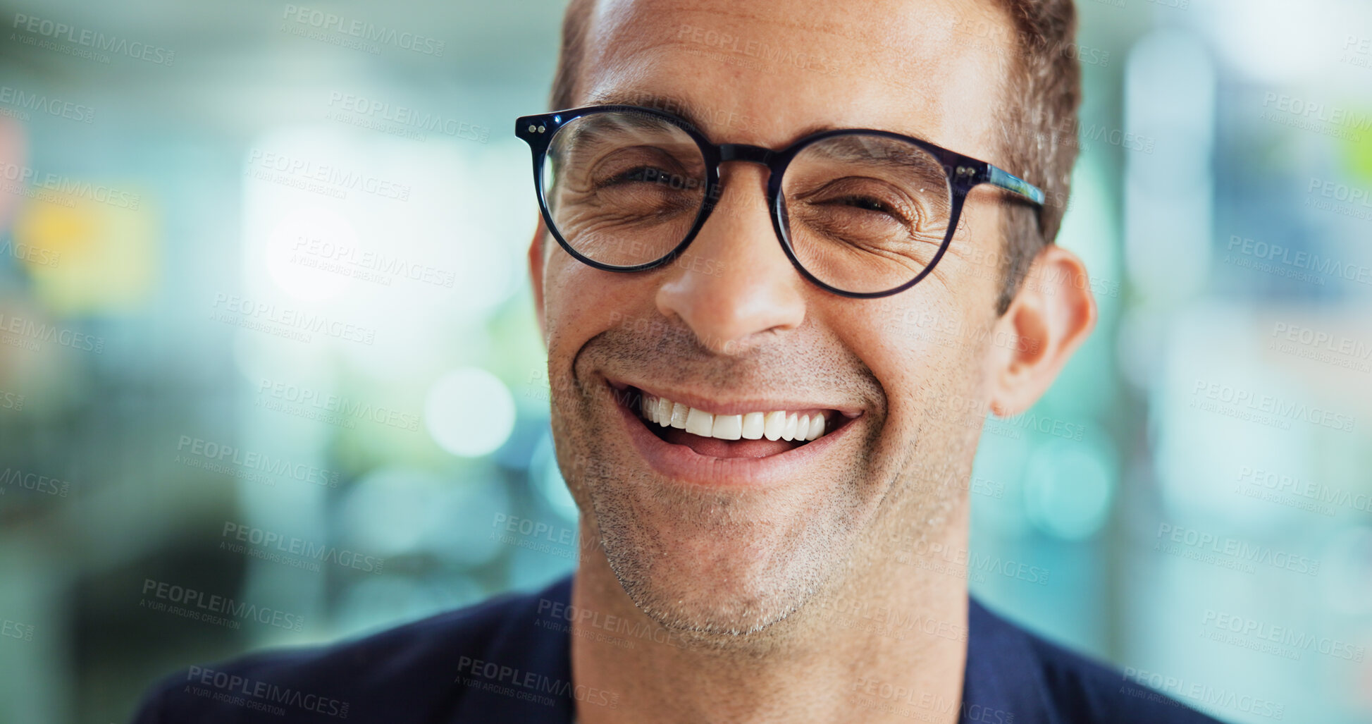 Buy stock photo Happy, glasses and portrait of businessman in office with vision, confidence and growth in career. Laughing, pride and male creative editor from New York at magazine agency for company development.