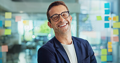 Buy stock photo Mature business man, portrait and office with glass wall, notes or smile for problem solving at startup. Person, pride and happy by window, career and mind map for job at creative agency in Australia