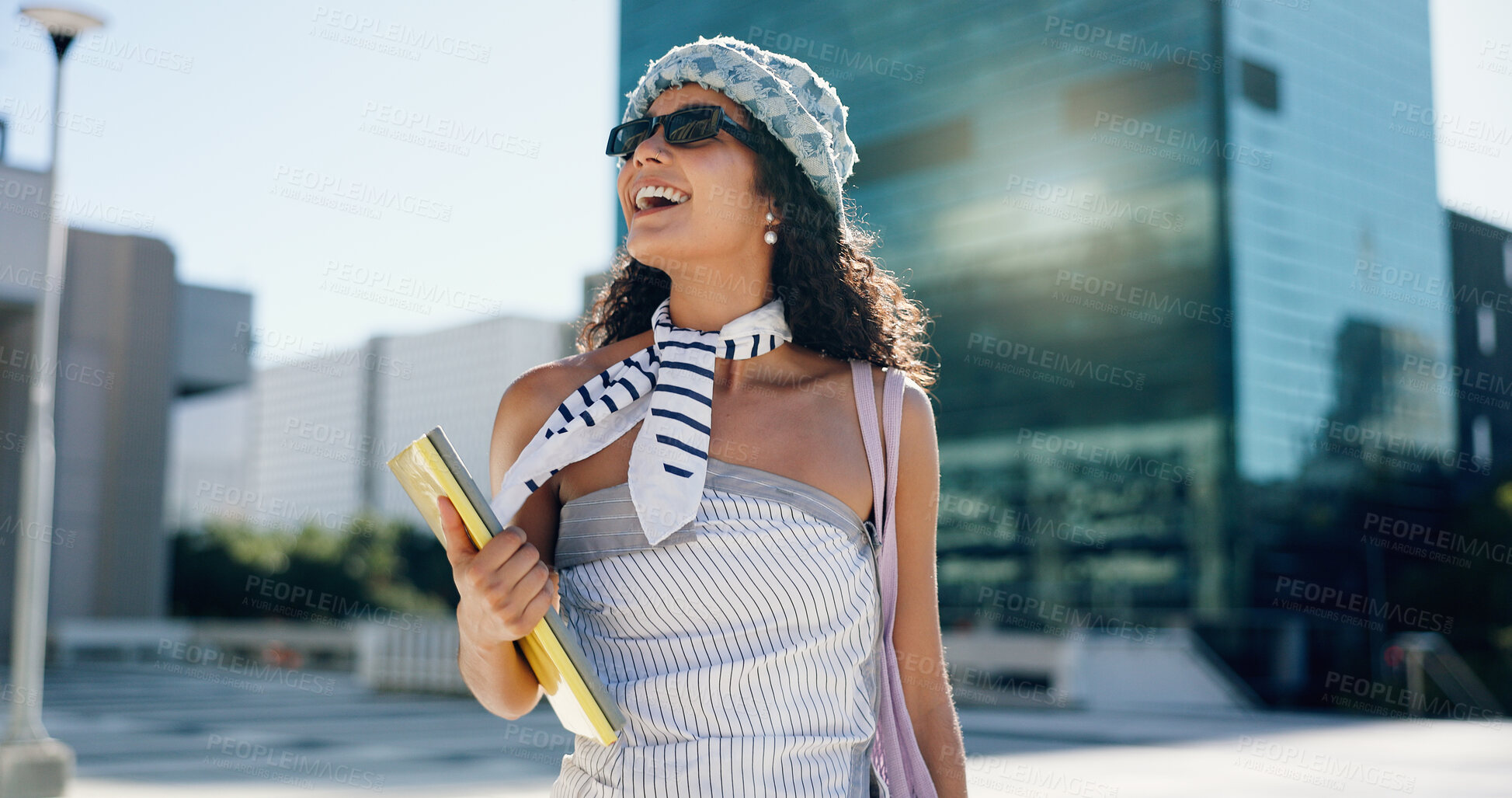Buy stock photo Fashion student, girl and books in city for morning commute, walking to campus and learning opportunity. Happy, gen z person and trendy outfit for college journey, study scholarship and confidence
