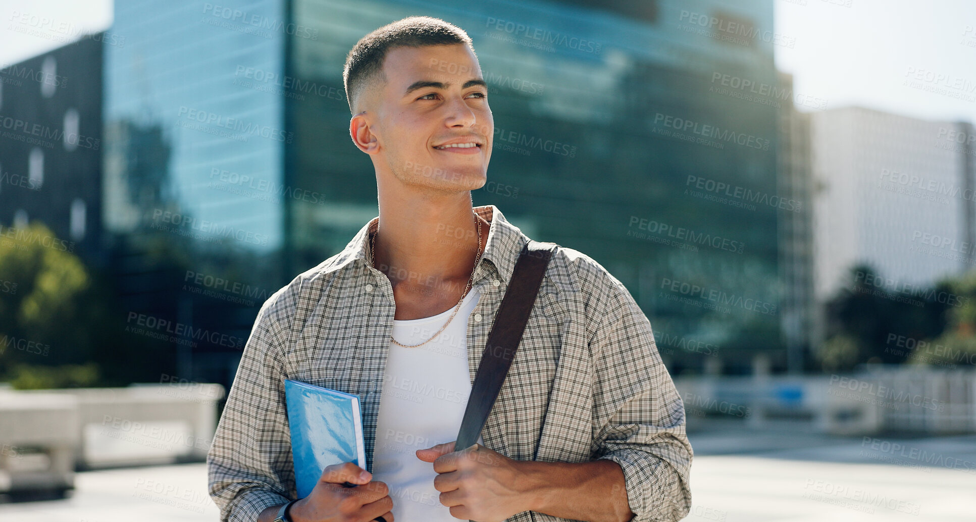 Buy stock photo Happy, student and man in city thinking with books for travel to university, college and school campus. Smile, inspiration and person with backpack in town for future education, learning or knowledge