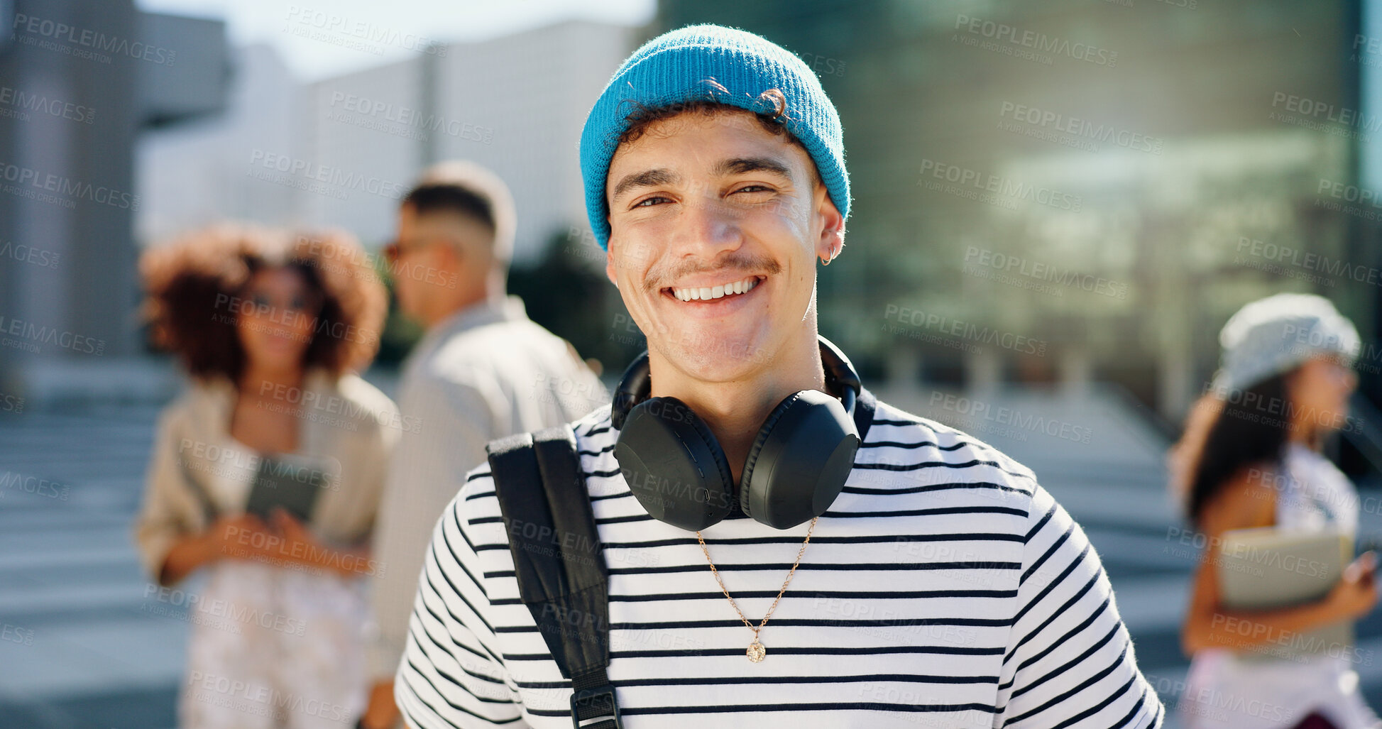 Buy stock photo Headphones, student and portrait of happy man in city for travel to university, college and school campus. Smile, relax and person with backpack in urban town for education, learning and knowledge