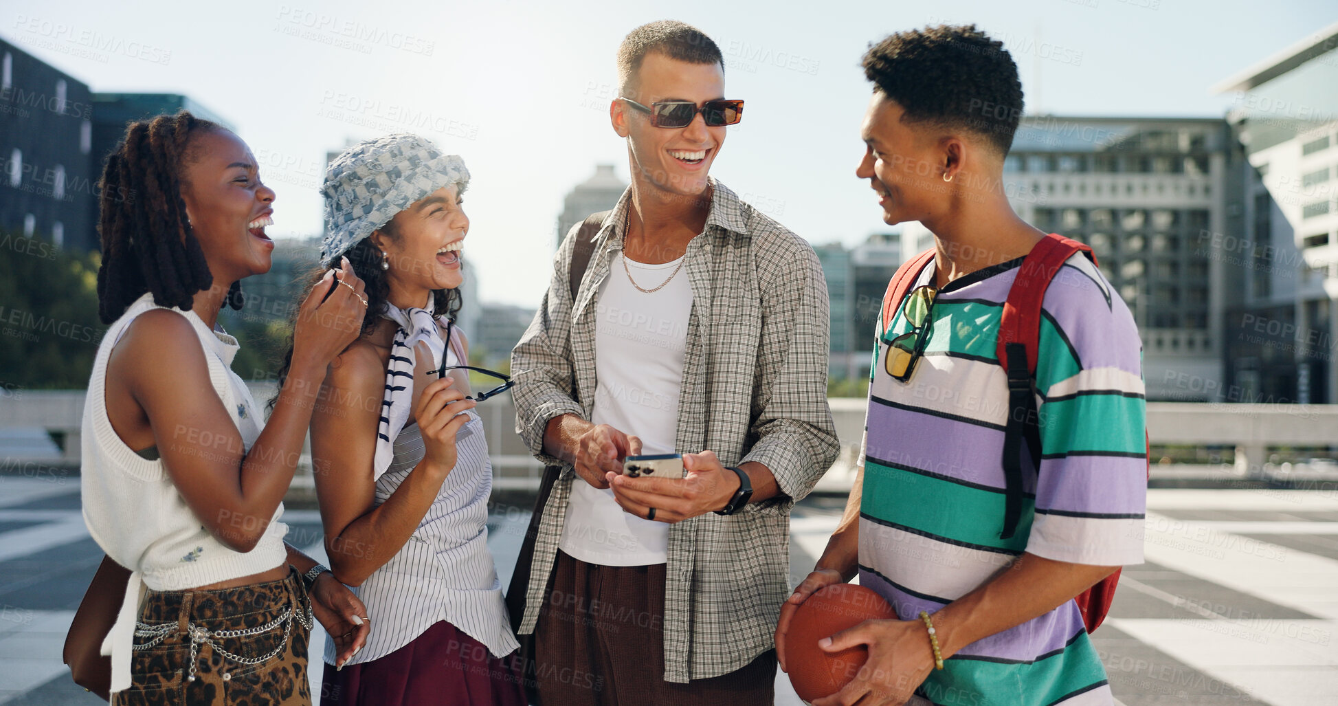 Buy stock photo Smile, friends and laughing with phone in city for social media, reading funny joke and group bonding. Happy, people and streetwear fashion with mobile, gossip news and streaming video for urban trip