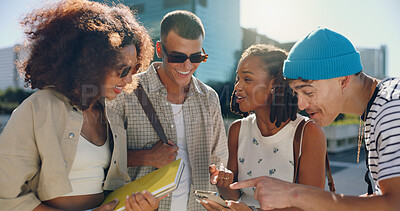 Buy stock photo Smile, friends and talking with phone in city for social media, reading funny joke and group bonding. Happy, people and streetwear fashion with mobile, gossip news and streaming video of trip reunion