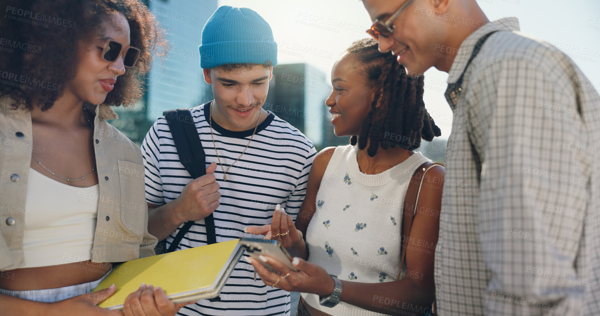 Buy stock photo Happy, friends and talking with phone in city for social media, reading blog and bonding together. Smile, people and streetwear fashion with mobile, gossip news and streaming video of getaway reunion