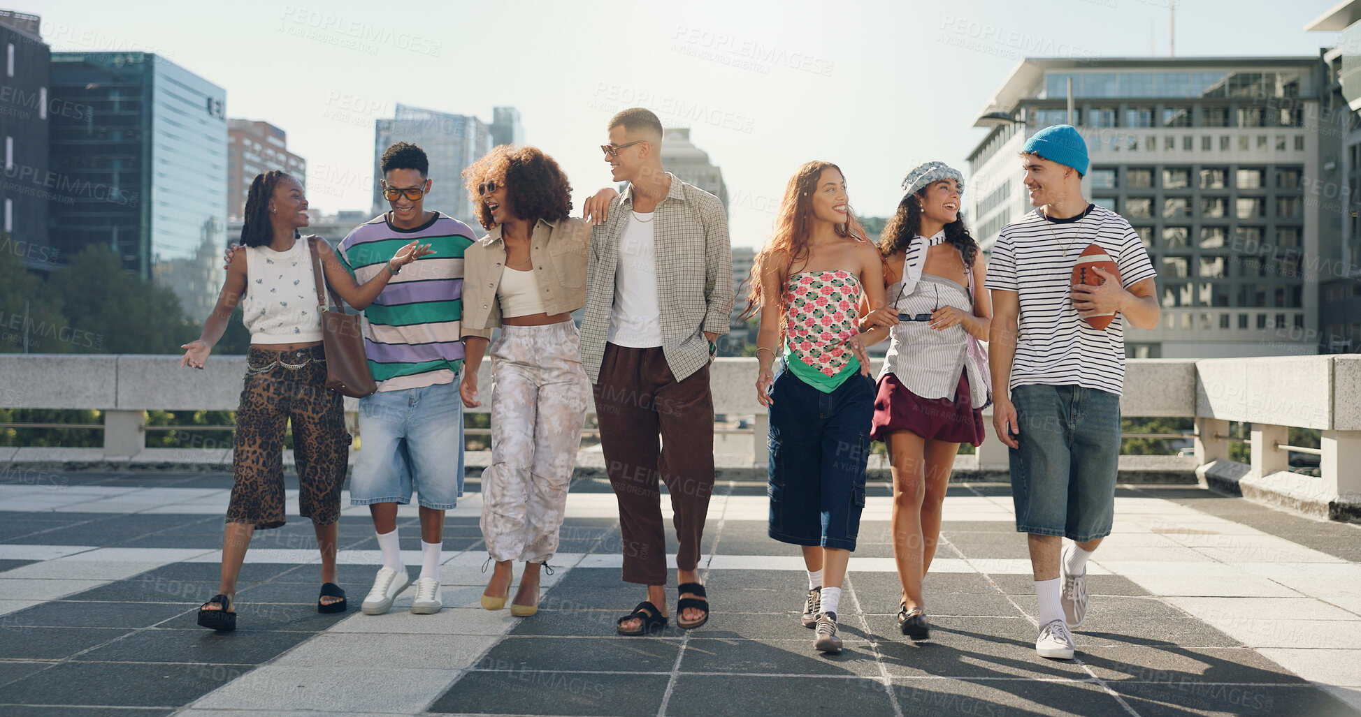 Buy stock photo Trendy, walking and friends in city with fashion in summer for urban, edgy or cool style together. Diversity, gen z men and group of creative women in town for street culture, unique clothes or swag