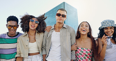 Buy stock photo Urban, happy and friends in city with fashion in summer for cool, edgy or trendy style together. Diversity, gen z men or group of creative women in town for street culture, unique clothes or portrait