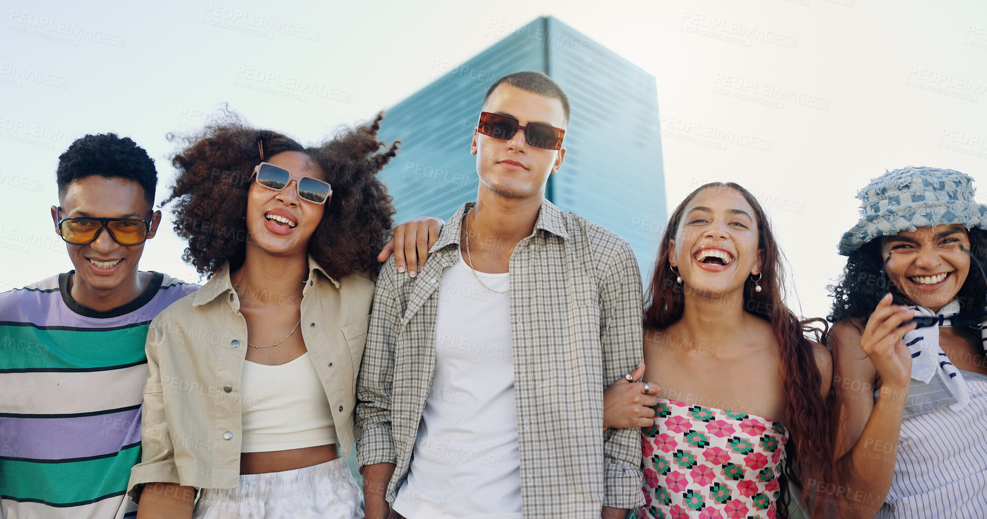 Buy stock photo Urban, happy and friends in city with fashion in summer for cool, edgy or trendy style together. Diversity, gen z men or group of creative women in town for street culture, unique clothes or portrait