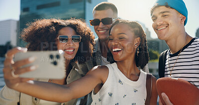 Buy stock photo Selfie, bonding and friends with smile, group and photography of Gen z on roof, reunion and fashion. City, influencer and profile picture for social media, people and post for memory and relationship