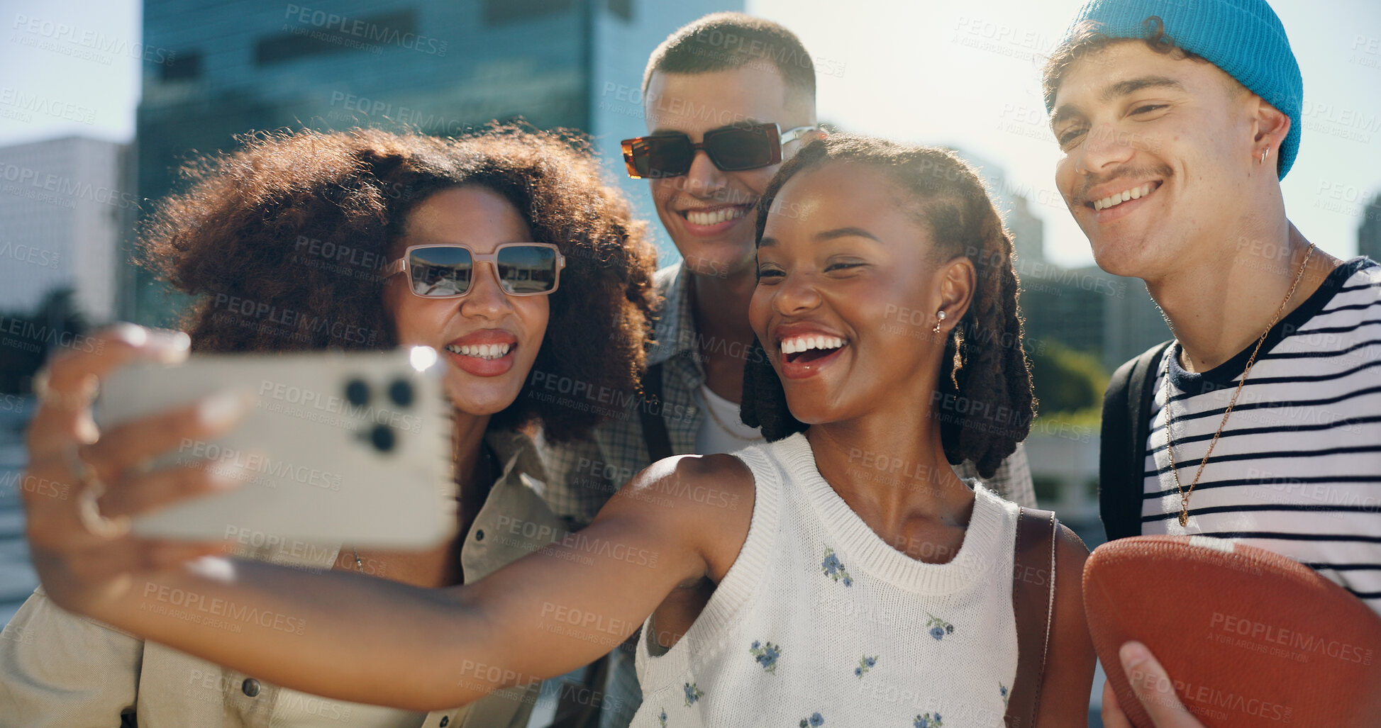Buy stock photo Selfie, bonding and friends with smile, group and photography of Gen z on roof, reunion and fashion. City, influencer and profile picture for social media, people and post for memory and relationship
