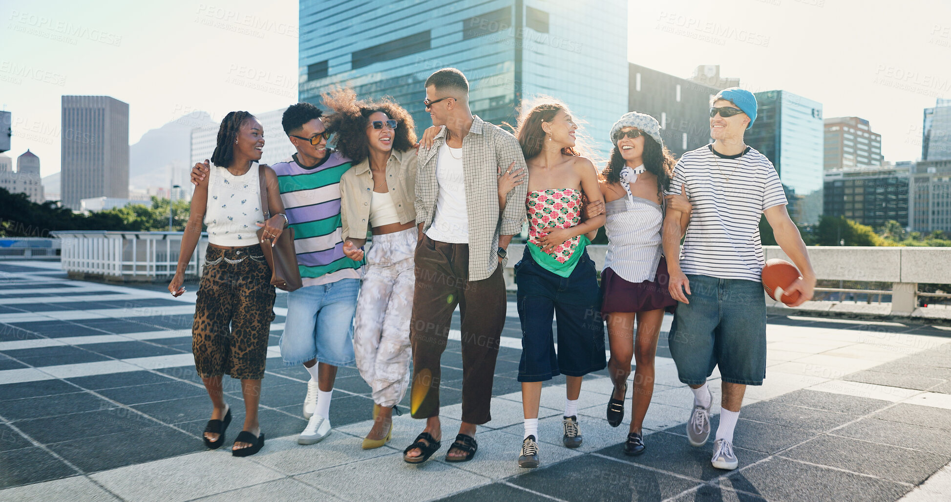 Buy stock photo Cool, walking and friends in city with fashion in summer for urban, edgy or trendy style together. Diversity, gen z men and group of creative women in town for street culture, unique clothes or swag