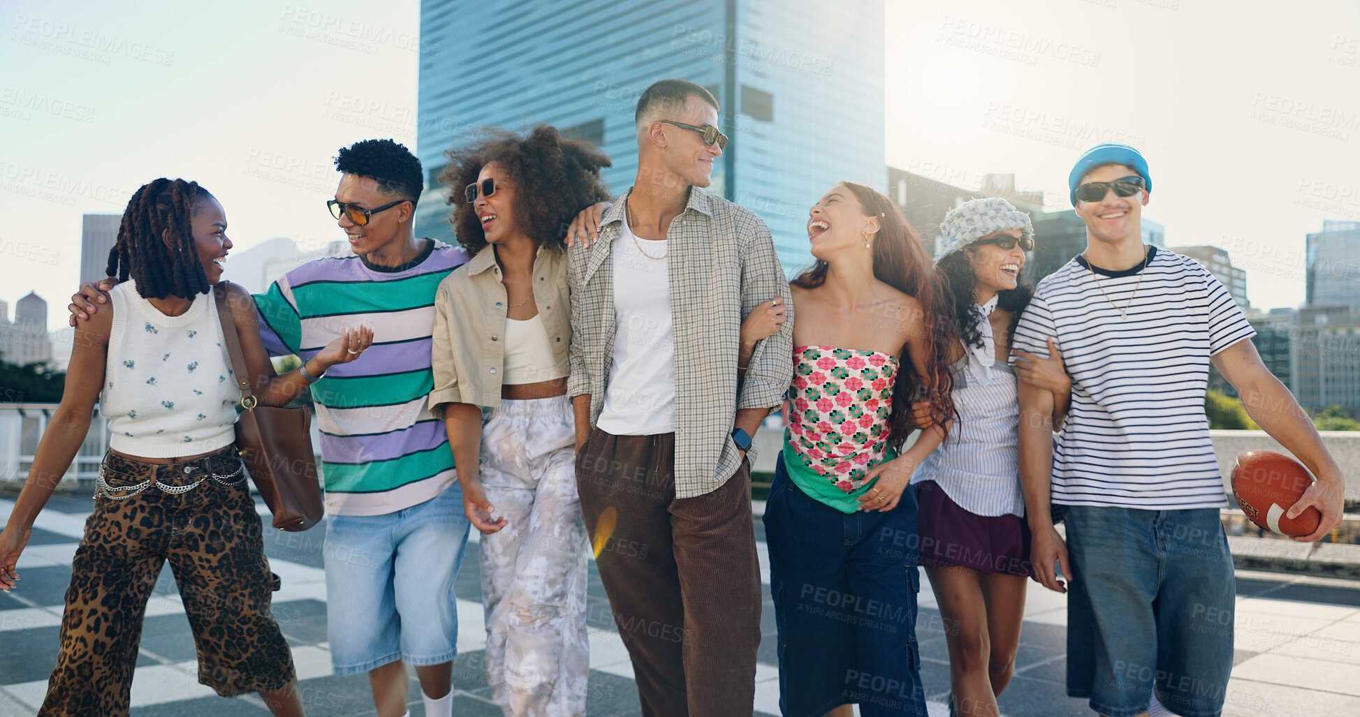 Buy stock photo Cool, happy and friends in city with fashion in summer for urban, edgy or trendy style together. Diversity, gen z men and group of creative women in town for street culture, unique clothes or swag