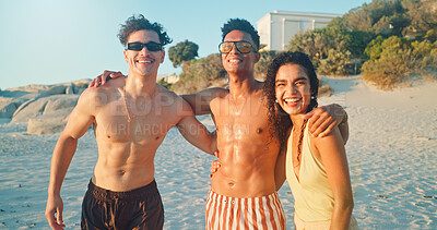Buy stock photo Beach, happy and portrait of friends by ocean on vacation, adventure or holiday together for travel. Fun, group and people by sea on tropical weekend trip for bonding, connection or freedom.
