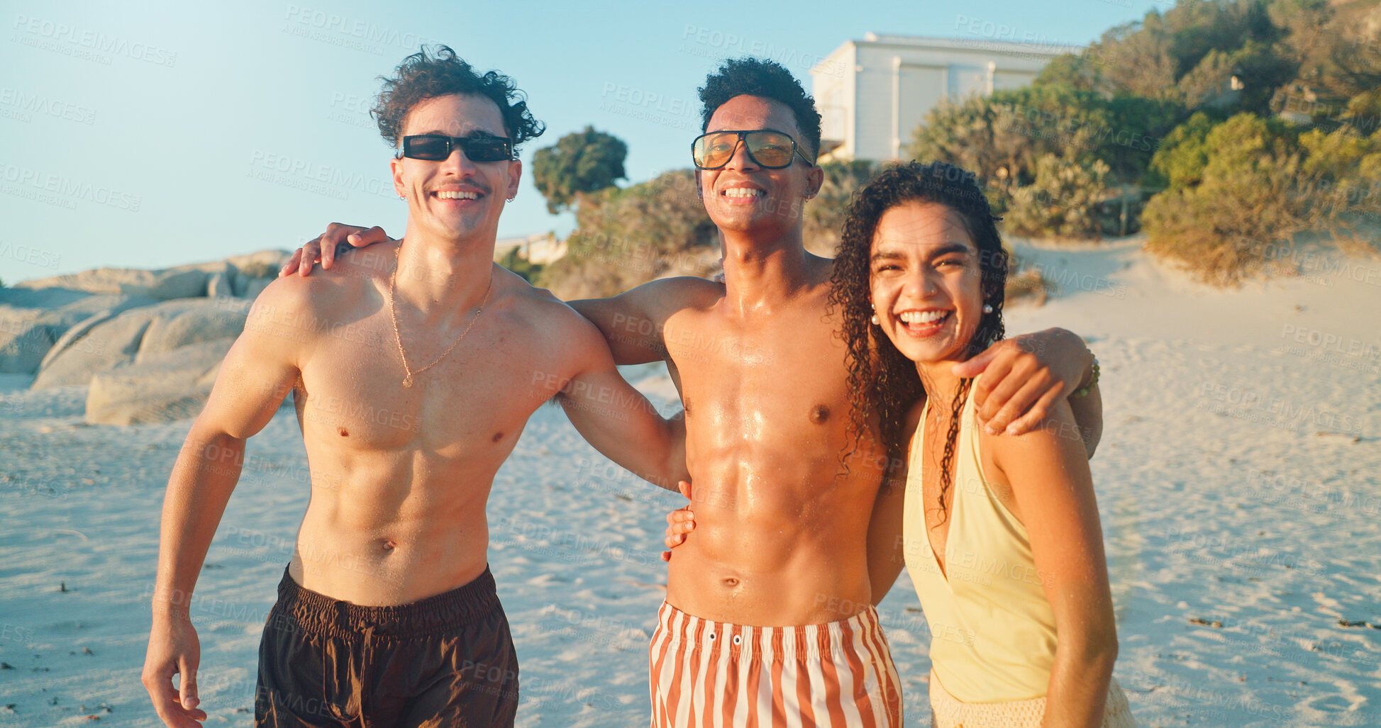 Buy stock photo Beach, happy and portrait of friends by ocean on vacation, adventure or holiday together for travel. Fun, group and people by sea on tropical weekend trip for bonding, connection or freedom.