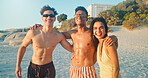 Beach, happy and portrait of friends by ocean on vacation, adventure or holiday together for travel. Fun, group and people by sea on tropical weekend trip for bonding, connection or freedom.