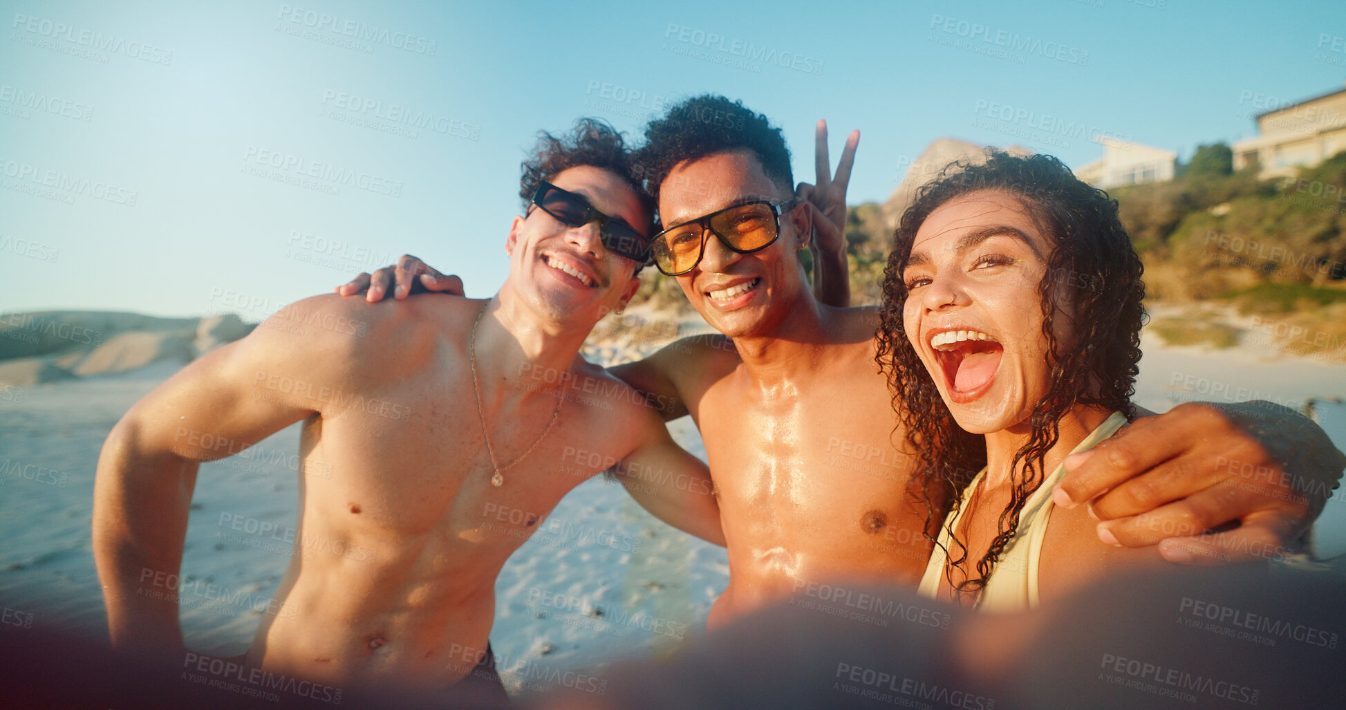 Buy stock photo Beach, selfie and portrait of friends by ocean on vacation, adventure or holiday together for travel. Fun, happy and people by sea with photography picture on tropical weekend trip for memory.
