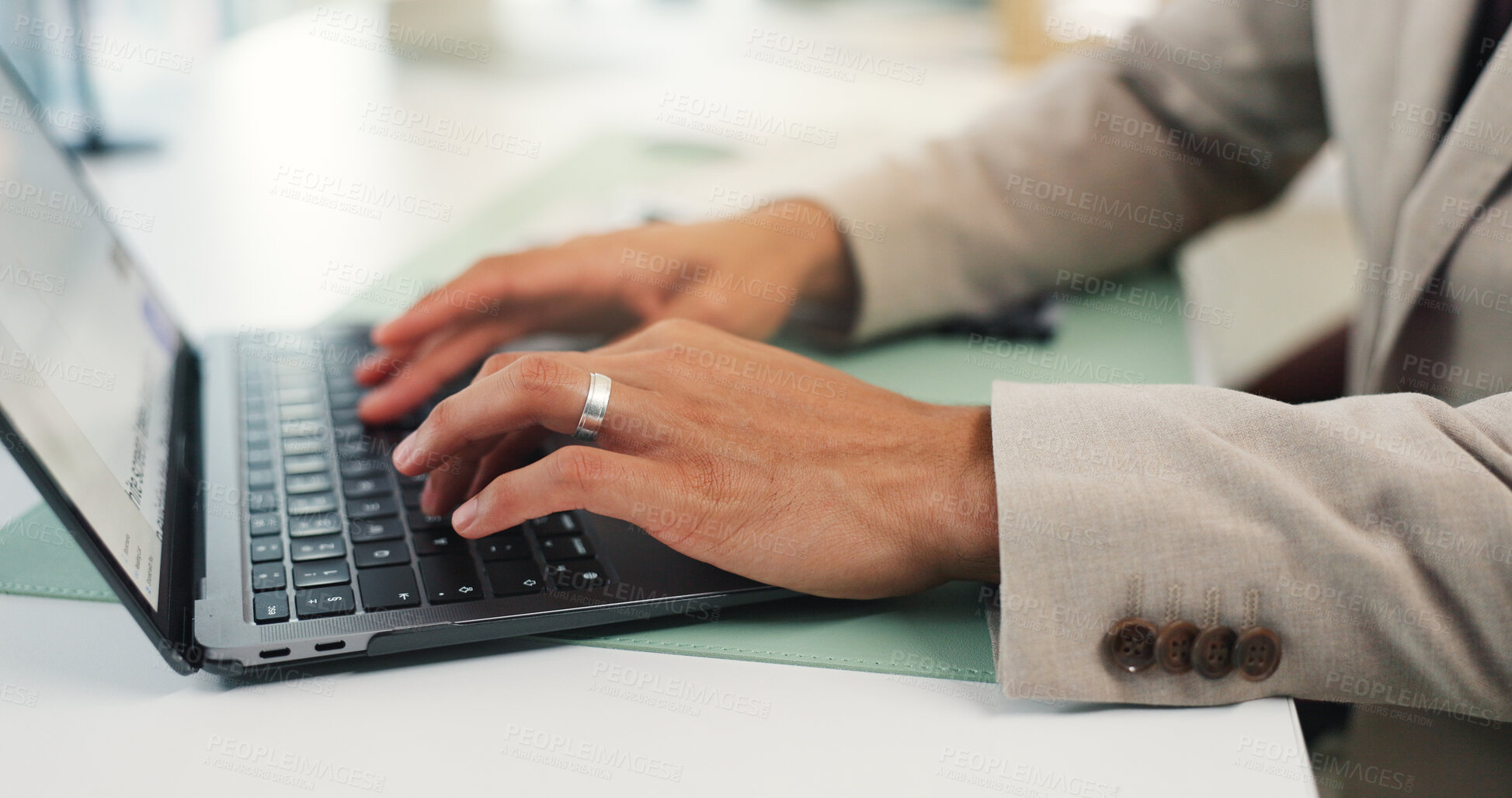 Buy stock photo Business person, hands and typing with laptop on desk for schedule, design or research at office. Closeup, employee or designer working on computer for communication, network or email at workplace