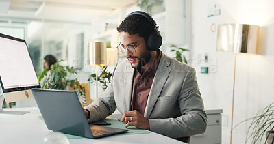 Buy stock photo Laptop, online meeting and businessman with headphones in office for global team communication. Audio tech, computer and male financial advisor on virtual discussion for investment plan in workplace.
