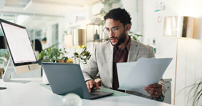 Buy stock photo Documents, laptop and businessman in office for research on stock market, revenue or dividend. Computer screen, email and male financial manager with profit paperwork for client investment proposal.