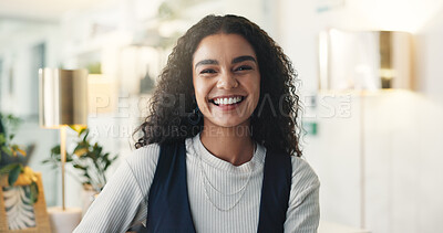 Buy stock photo Portrait, excited and woman with smile, business and opportunity for editor with new job or creative. Office, writer and career growth for person, confident and ambitious in newsroom, happy and USA