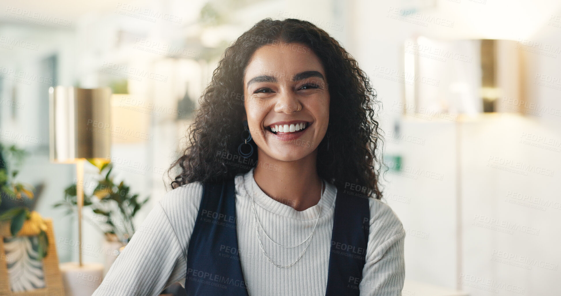 Buy stock photo Portrait, excited and woman with smile, business and opportunity for editor with new job or creative. Office, writer and career growth for person, confident and ambitious in newsroom, happy and USA