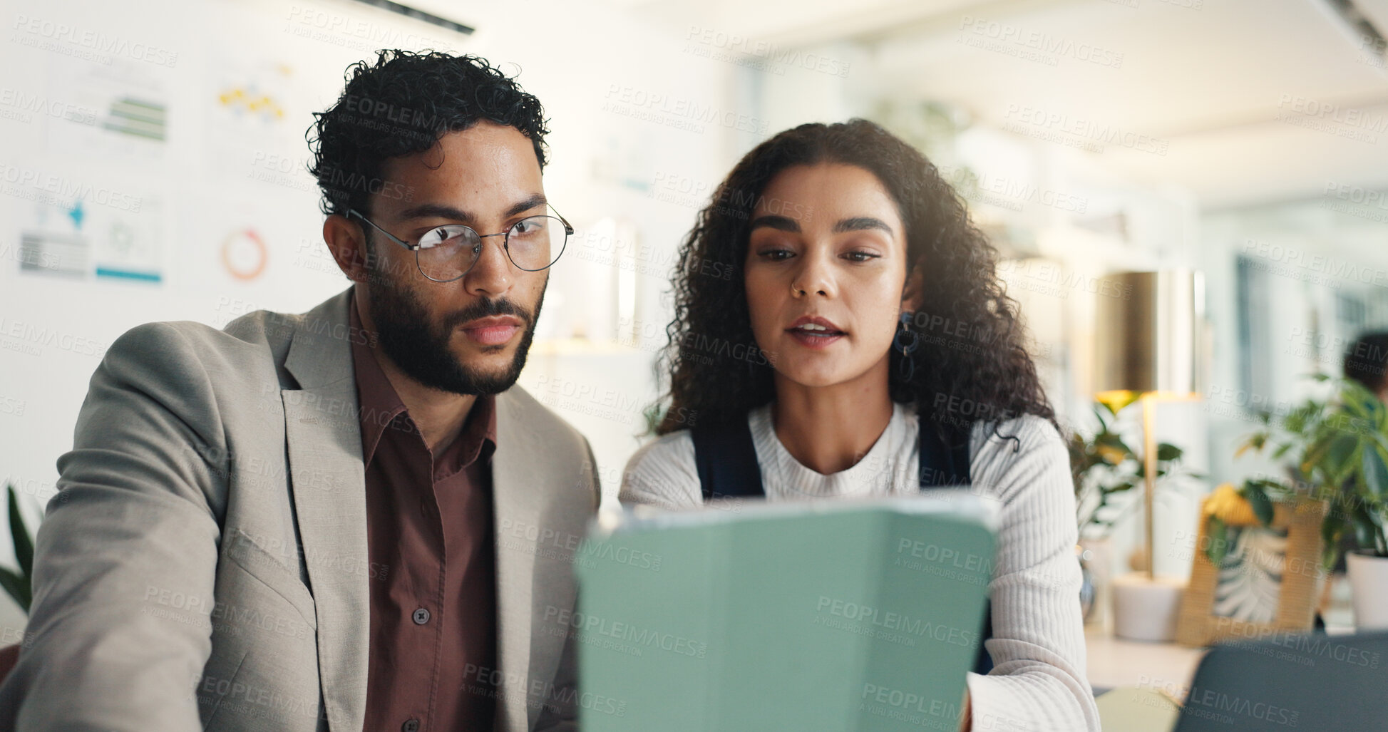 Buy stock photo Business people, discussion and project with tablet for creative ideas, planning or schedule at office. Businessman, woman or colleagues with app design or technology for research and development