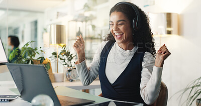 Buy stock photo Business, laptop and woman with headphones, celebration and achievement with promotion. Person, employee and consultant with pc, bonus and headset for audio, listening to music and email for approval