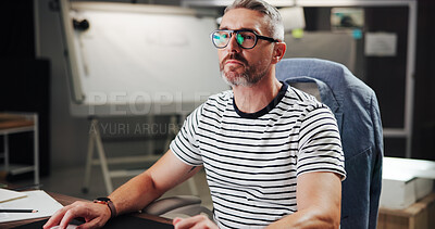 Buy stock photo Business, man and night on computer in office for creative editing, project deadline and online research. Mature person, graphic designer and software app for design planning and proposal with scroll
