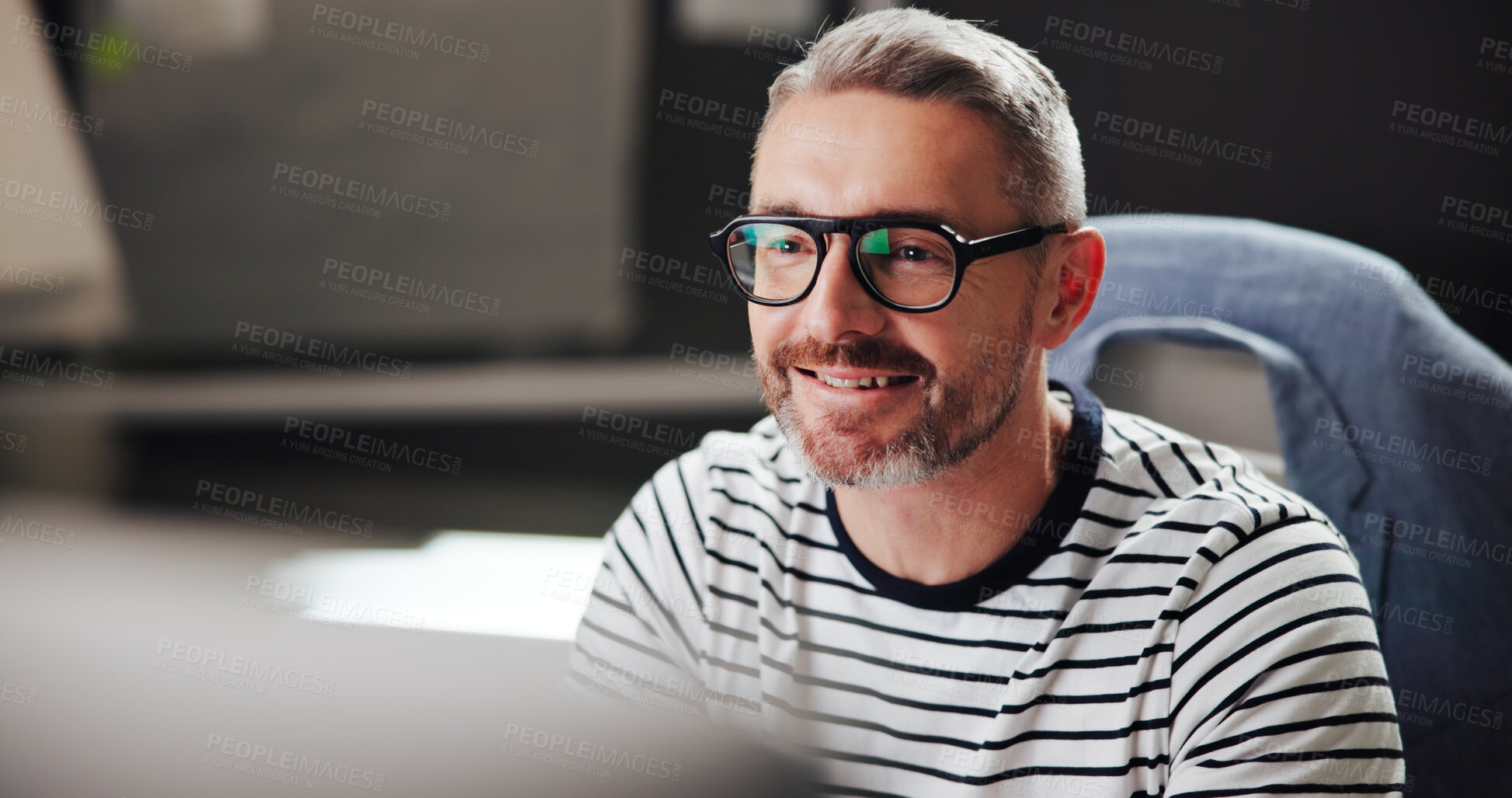 Buy stock photo Office, mature businessman and smile with computer for developer, software update and research info. Night, male person and web designer with glasses reflection for digital agency, ux review and seo