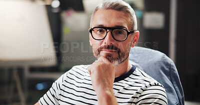 Buy stock photo Mature business man, portrait and office with design, board and project management with glasses at agency. Person, technician and engineer with confidence for creativity, pride and solution in USA