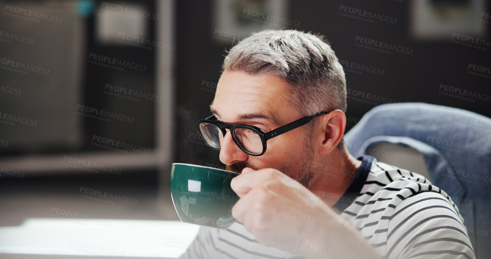 Buy stock photo Business, mature man and drinking coffee, thinking and reflection with espresso beverage. Tea cup, worker and planning in office, brainstorming and solution in creative startup on overtime at night