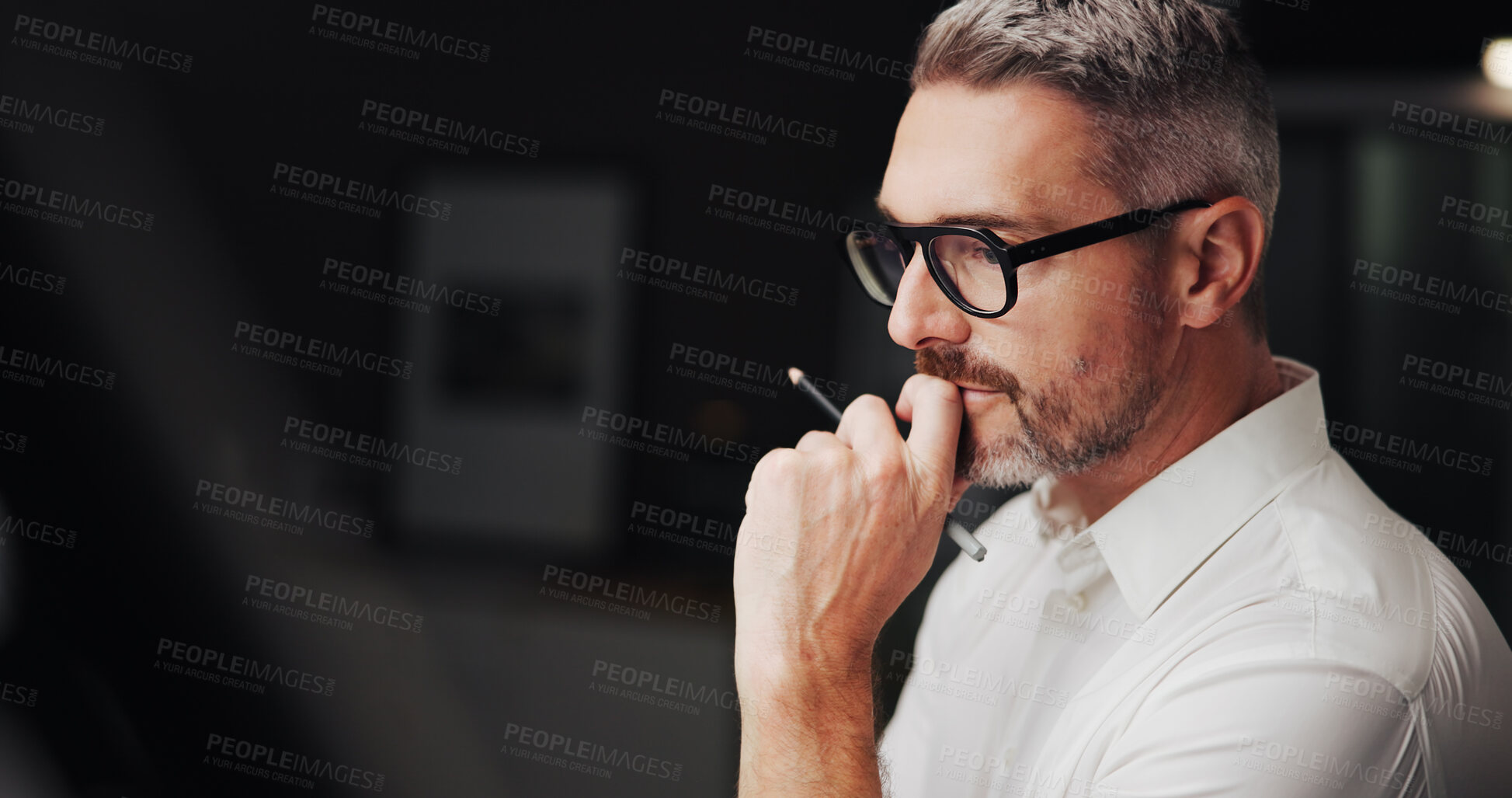 Buy stock photo Thinking, mature and business man in office for drawing career, planning and professional with glasses. Work, male person and designer with thoughts for solution, contemplation and startup deadline