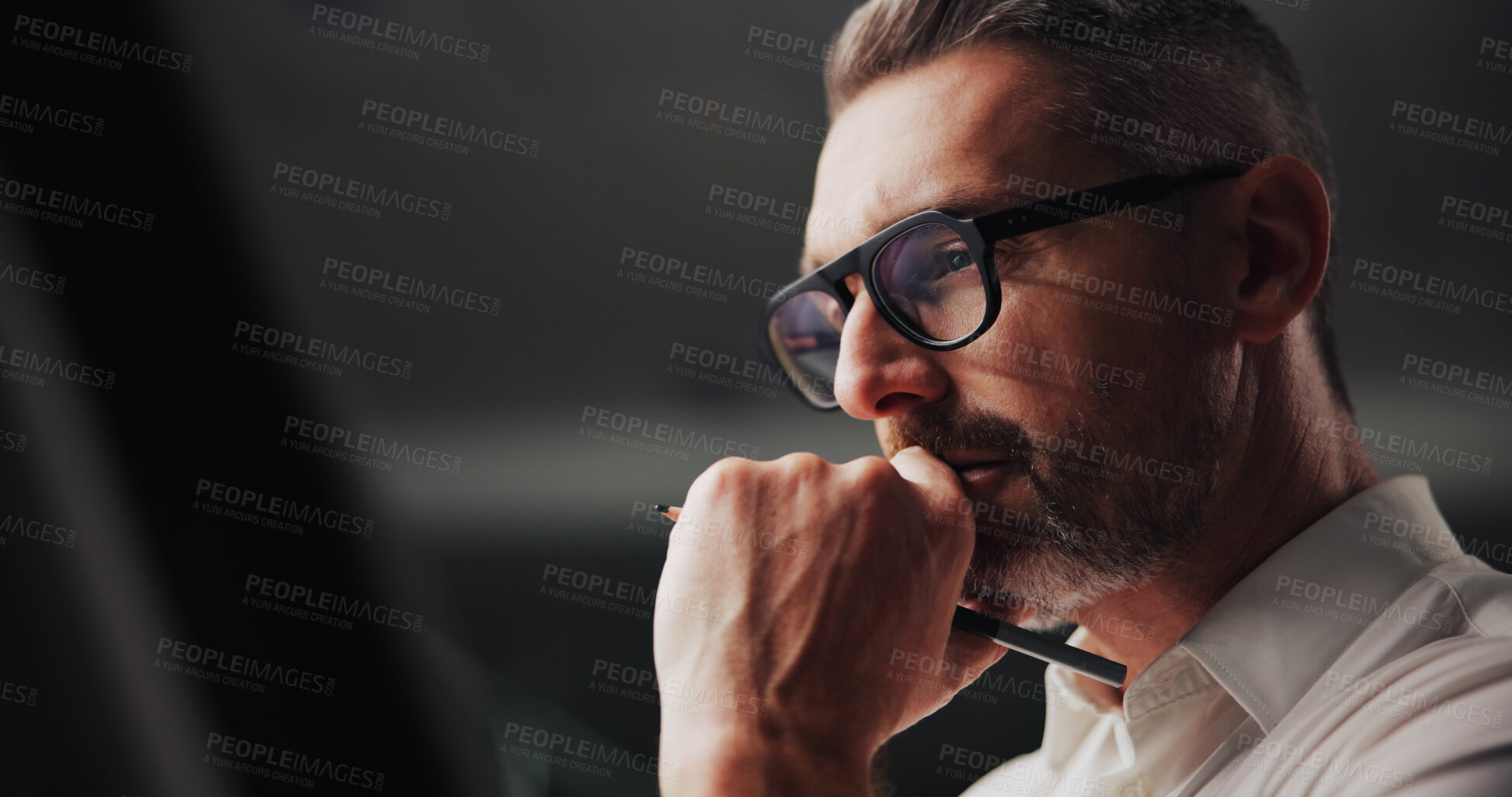 Buy stock photo Thinking, mature and businessman in office for thoughts, planning and professional with glasses. Night, male person and architect with drawing career for solution, contemplation and startup deadline