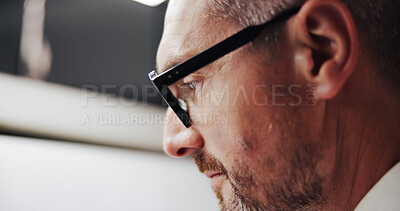 Buy stock photo Mature business man, closeup and office with design, board and project management with glasses at agency. Person, profile and engineer with perspective for creativity, review and solution at company