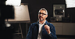 Mature man, studio interview or talk with recording for project discussion or development process. Male person, civil engineer or building designer with broadcast or podcast for helpful tips or guide