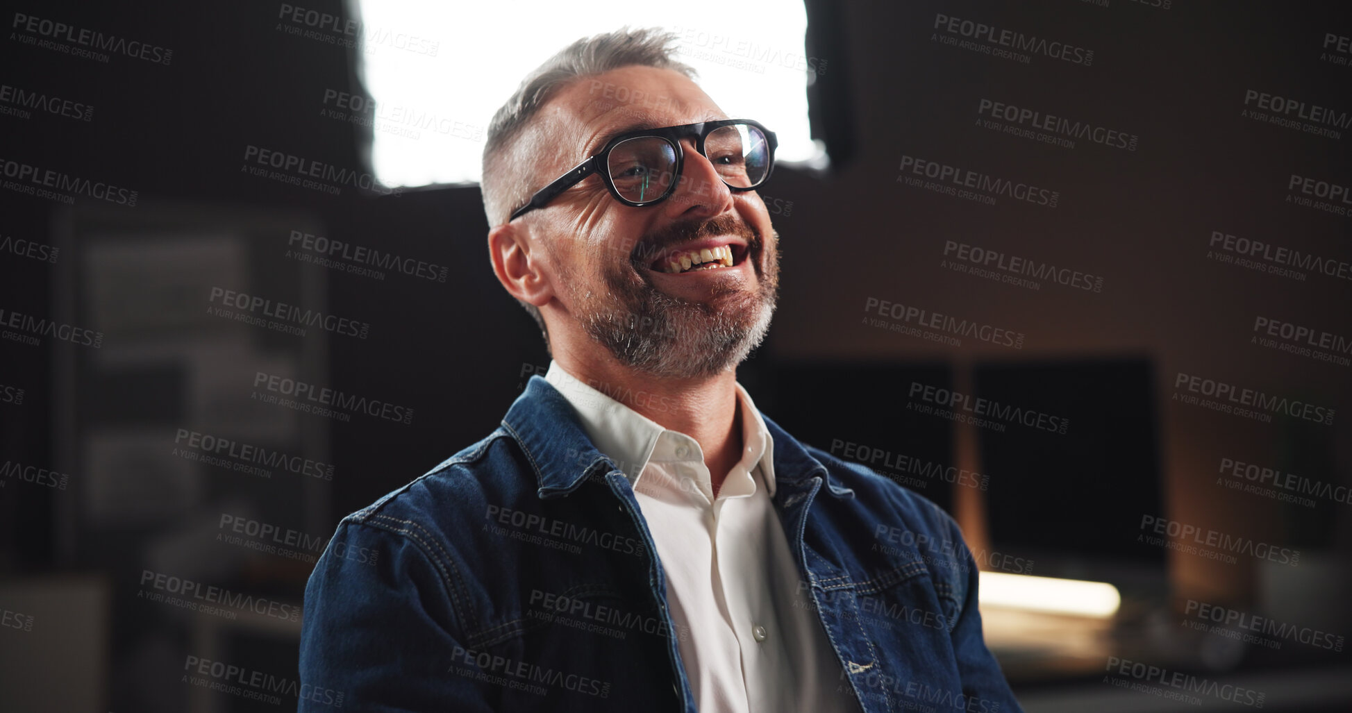 Buy stock photo Mature man, thinking or studio with artist for creative production or development in overtime. Solution, night or professional graphic designer working late with smile for project, ideas or design