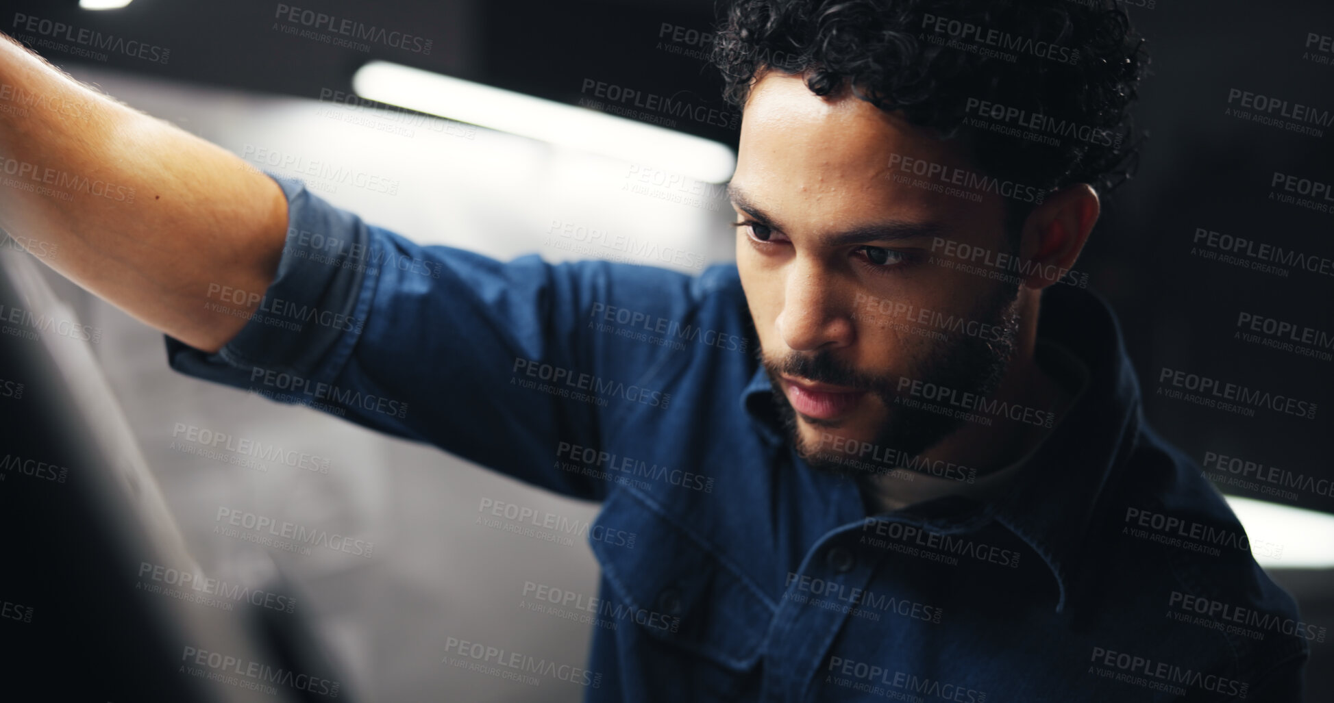 Buy stock photo Artist, designer or man with project for drawing, sketching or editing picture with skills in office overtime. Deadline, night or illustrator with illustration, industrial draft or creative process