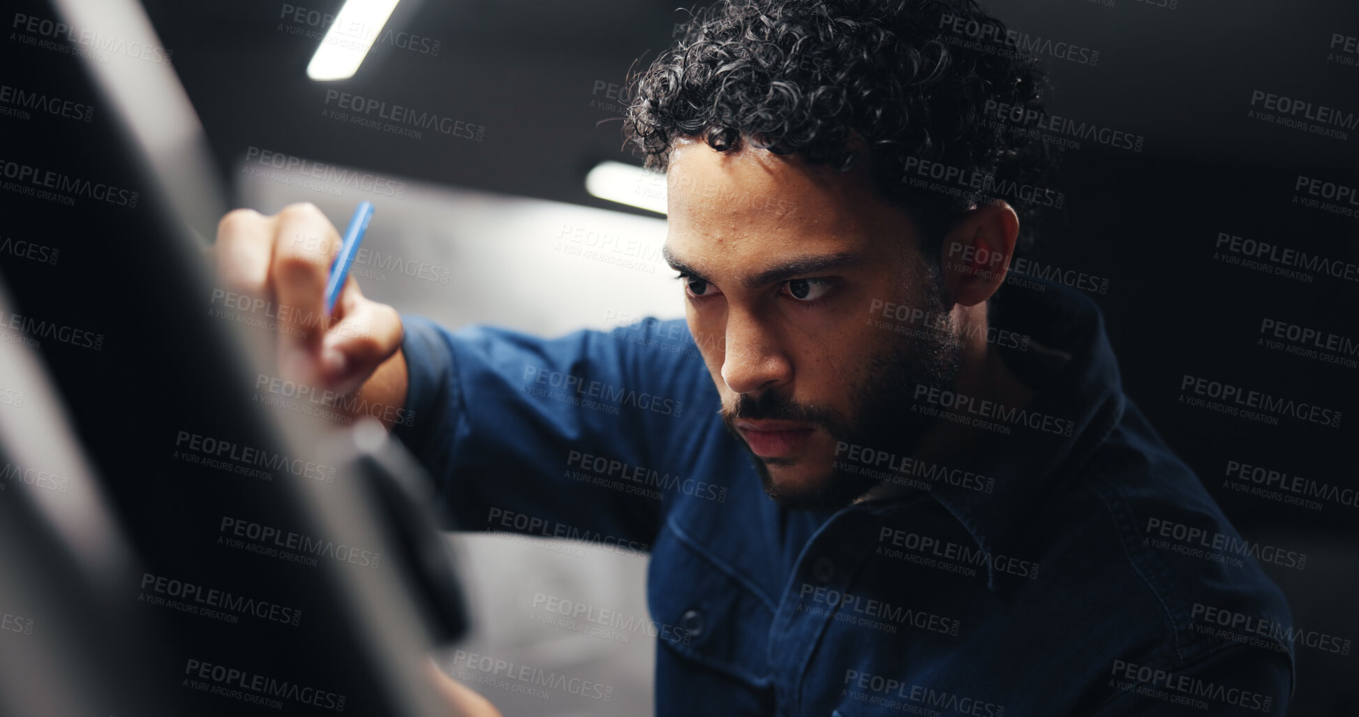 Buy stock photo Project, designer or man with board for drawing, sketching or editing with artistic skills in office overtime. Deadline, night or illustrator with illustration, industrial craft or creative process