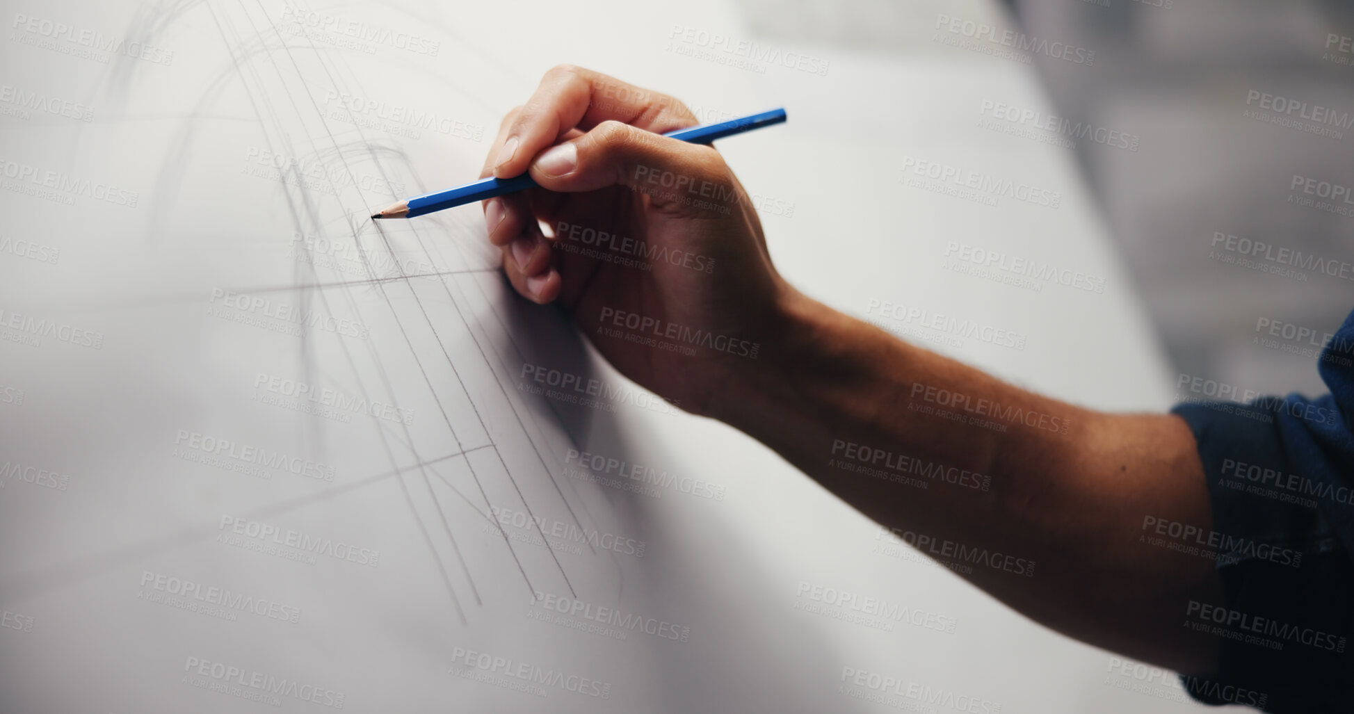 Buy stock photo Hand, drawing or man in office, architecture or blueprints for renovation project. Urban developer, closeup or engineering with paper, charts or property development with deadline, artistic or sketch