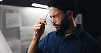 Frustrated, architect or night with glasses for eye strain, pressure or overworked at office. Businessman, civil engineer or working late with headache or pain for wrong lens, frame or bad vision