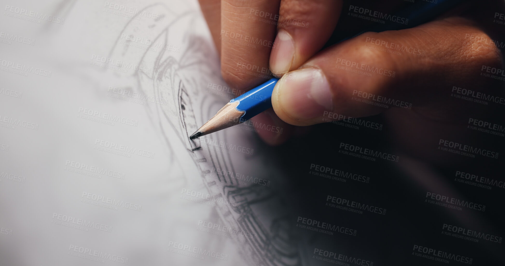 Buy stock photo Hand, drawing or man with pencil, architecture or blueprints for renovation project. Tool, closeup or engineering with paper, creativity or property development with deadline, real estate or sketch