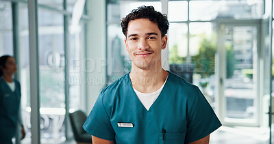 Buy stock photo Hospital, nurse and man in portrait with smile, about us and professional career for worker. Healthcare, male person and surgeon with confidence for medical internship, assistance and happy in clinic