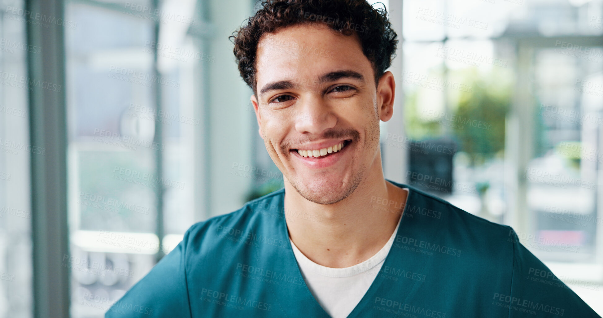 Buy stock photo Clinic, nurse and man in portrait with smile, about us and professional career for worker. Healthcare, male person and surgeon with confidence for medical internship, assistance and happy in hospital