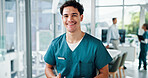Portrait, nurse and man with smile in healthcare, about us and professional career for worker. Clinic, male person and surgeon with confidence for medical internship, assistance and happy in hospital