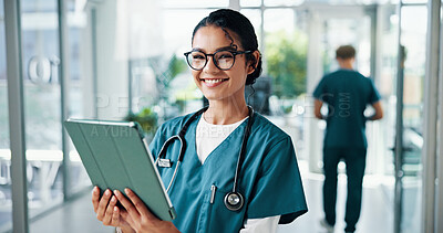 Buy stock photo Nurse, woman or happy with tablet in hospital for telehealth, online consultation or healthcare service. Medicine, doctor or portrait with digital app for clinic schedule, medical records or planning