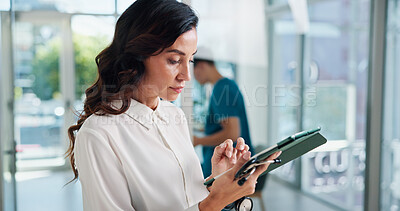 Buy stock photo Doctor, stethoscope and tablet with woman in hospital for cardiology, medical or telehealth. Healthcare, report and research with professional in clinic for administration or management of medicare