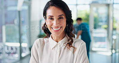 Buy stock photo Healthcare, doctor and woman in portrait with smile, about us and professional career with mission. Hospital, mature consultant and leadership with confidence for medical help, service and pride