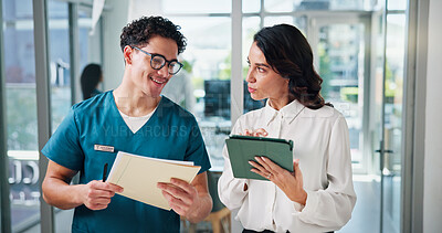 Buy stock photo Doctors, documents and people in hospital, tablet and advice with email for research funding. Employees, coworking and medical with professional, healthcare or tech with results and clinic schedule